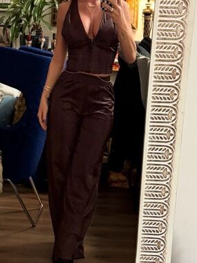 Wide-Leg Satin Pants in Deep Burgundy with matching corset top snake skin
